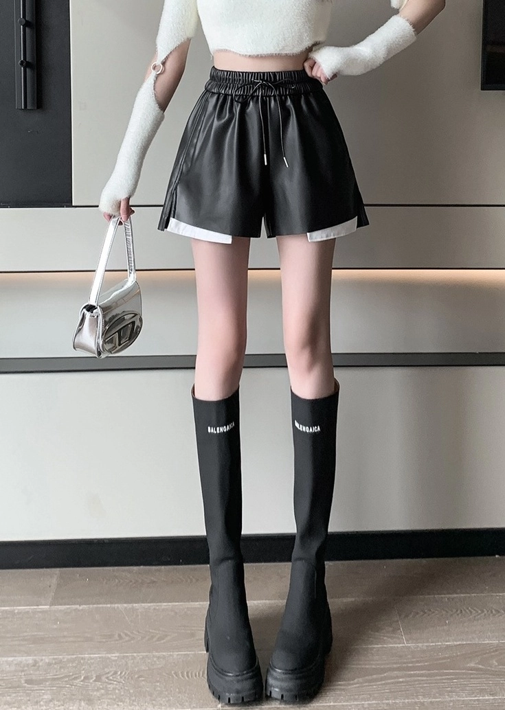 Black White Edge Faux Leather Shorts | Karina - Aespa