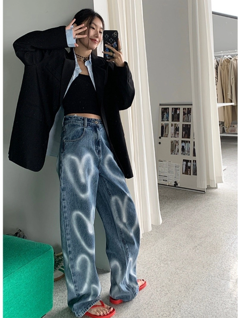 Blue Loose Denim White Heart Print Jeans | Hyunjin - Stray