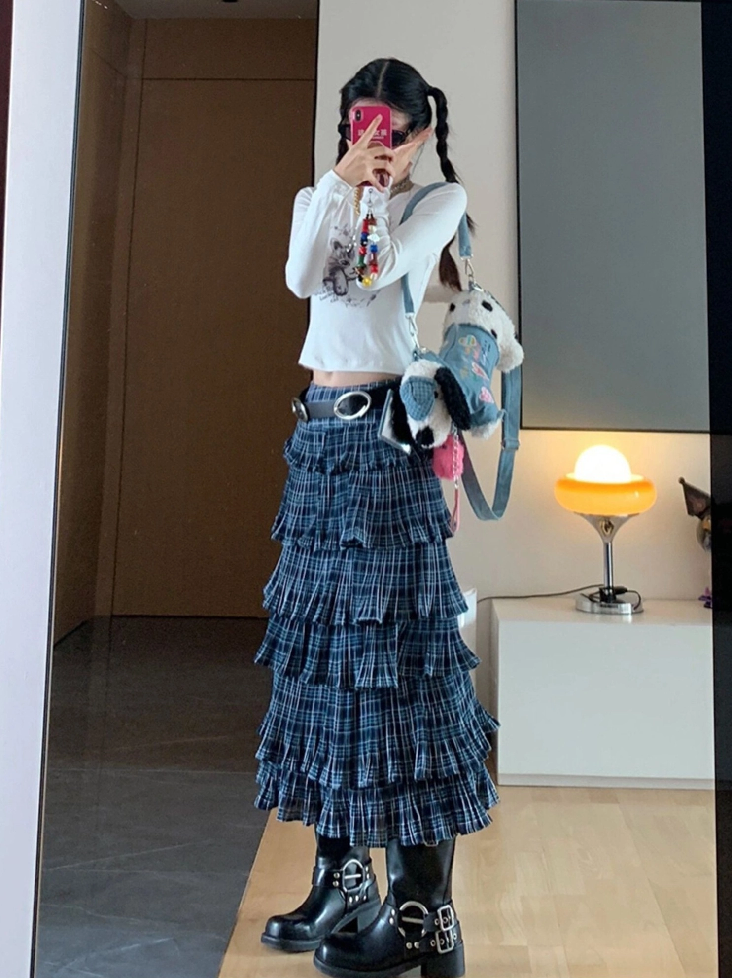 Blue Plaid Layered Midi Skirt | Joy - Red Velvet - Fashion