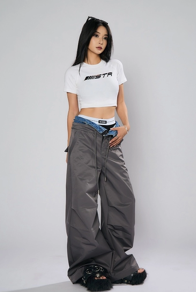 Grey Parachute Denim Panelled Pants | Jihyo - Twice