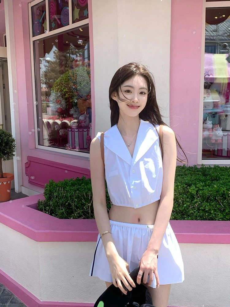 White Sailor Collar Crop Top And Skirt Set Asa BabyMonster