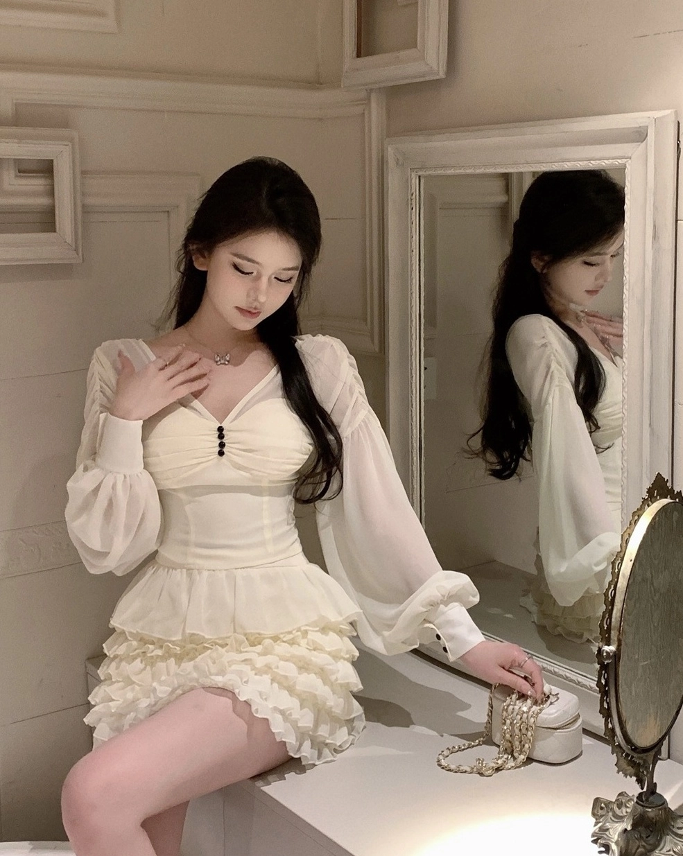 White Sheer Peplum Long Sleeve Blouse | Rami - BabyMonster