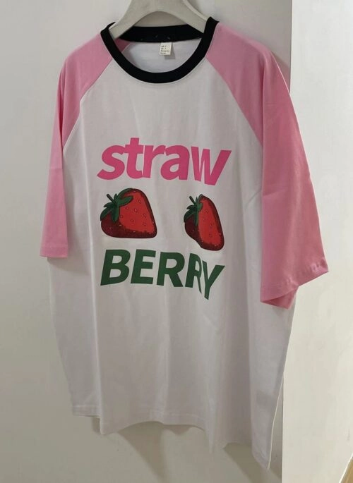 White Strawberry Print Raglan T-Shirt | Hyein - NewJeans