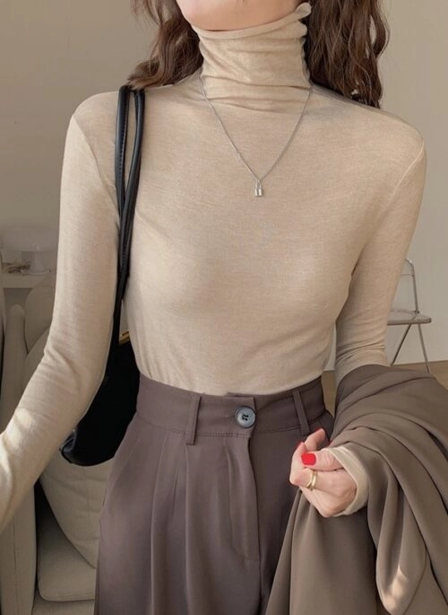Beige Turtle Neck Fitted Sweater | Nayeon - Twice