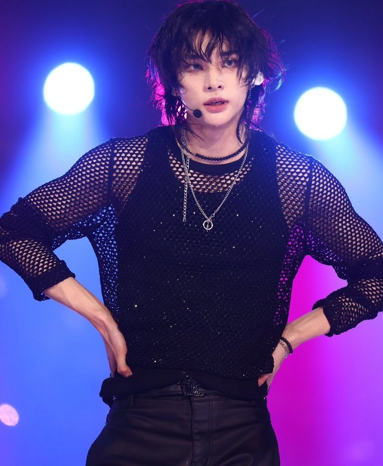 Black Hollow Mesh Net Top | Hyunjin - Stray Kids - Fashion