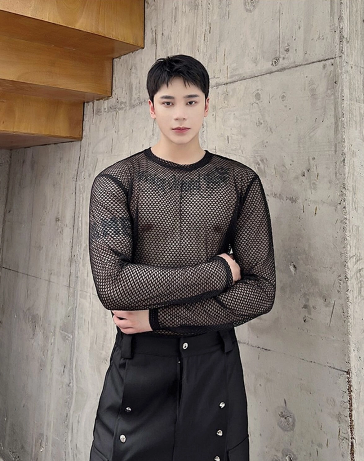 Black Hollow Mesh Net Top | Hyunjin - Stray Kids - Fashion