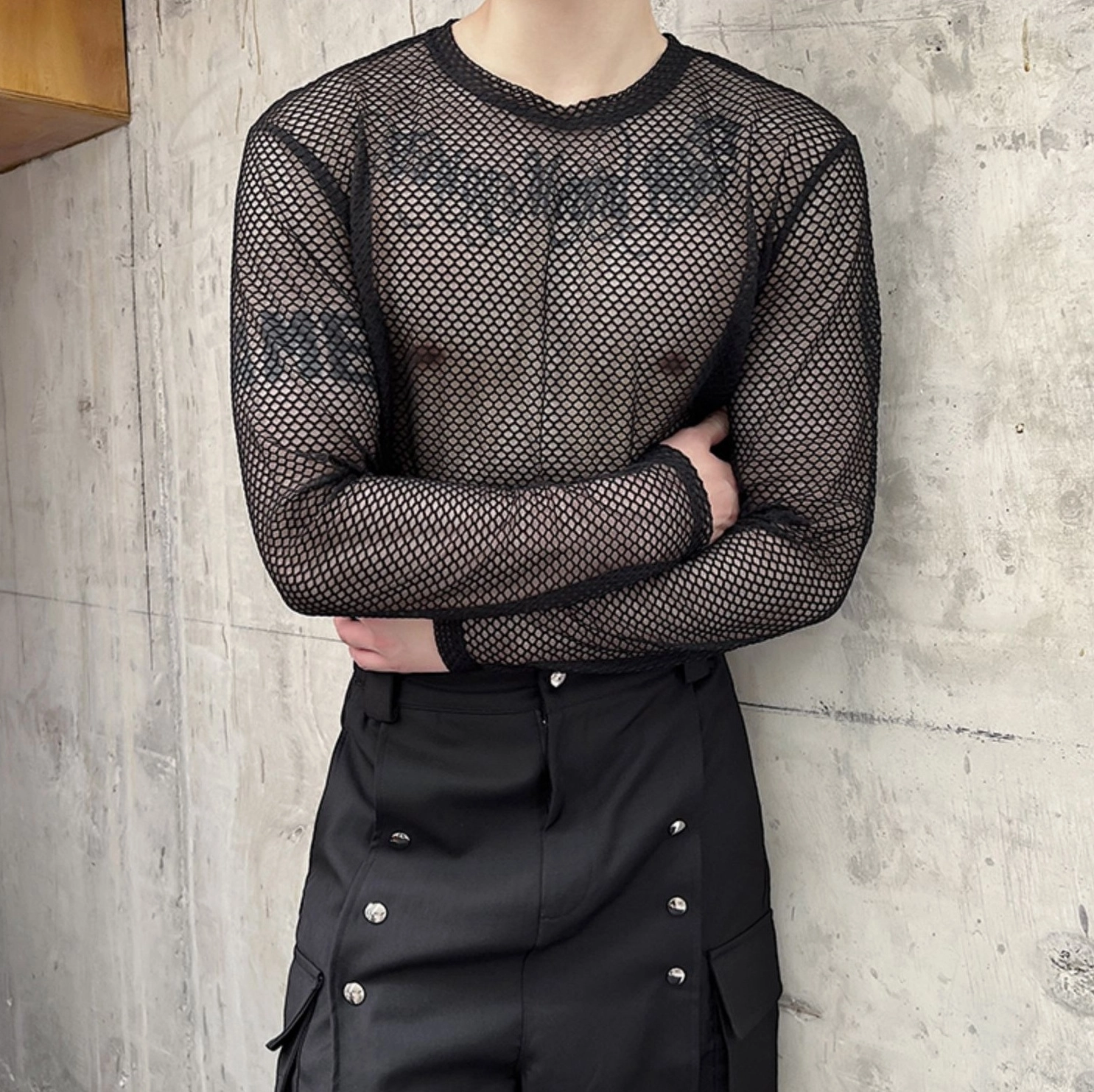 トップス HYEON macaroni tops black Black Hollow Mesh Net Top | Hyunjin - Stray Kids - Fashion