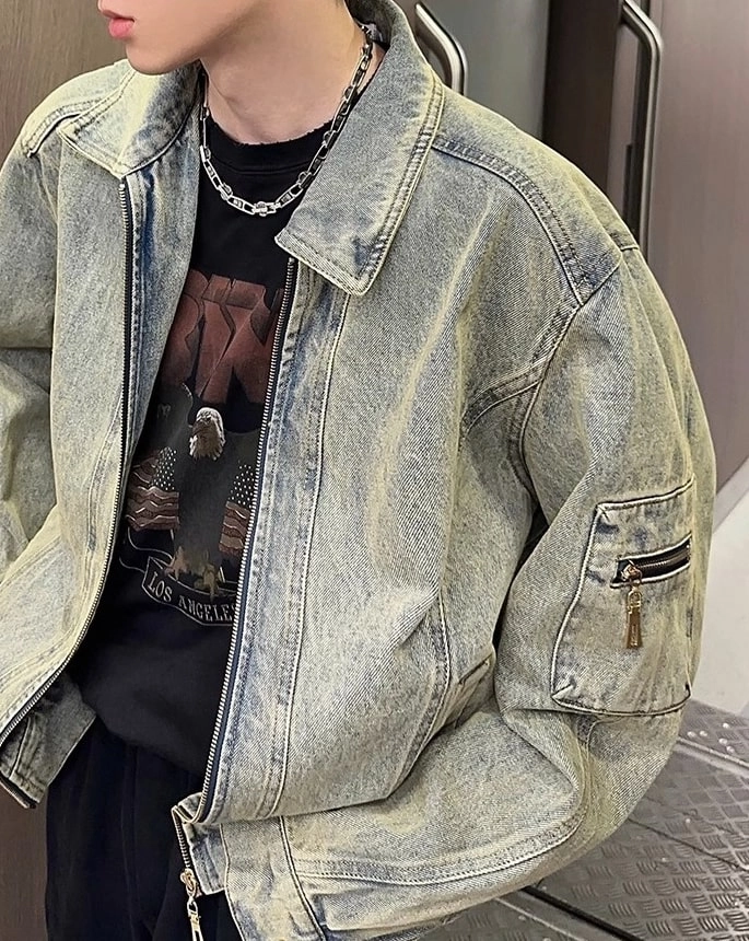 Blue Zip-Up Denim Jacket | Seungmin - Stray Kids - Fashion