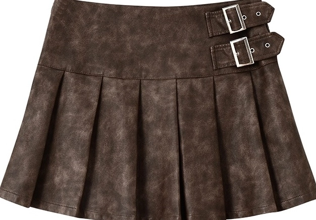 ★ Leey★ LEATHER BUCKLE PLEATED SKIRT BROWN P0000EIS Mimi Pleated Leather Skirt – Zie Boutique