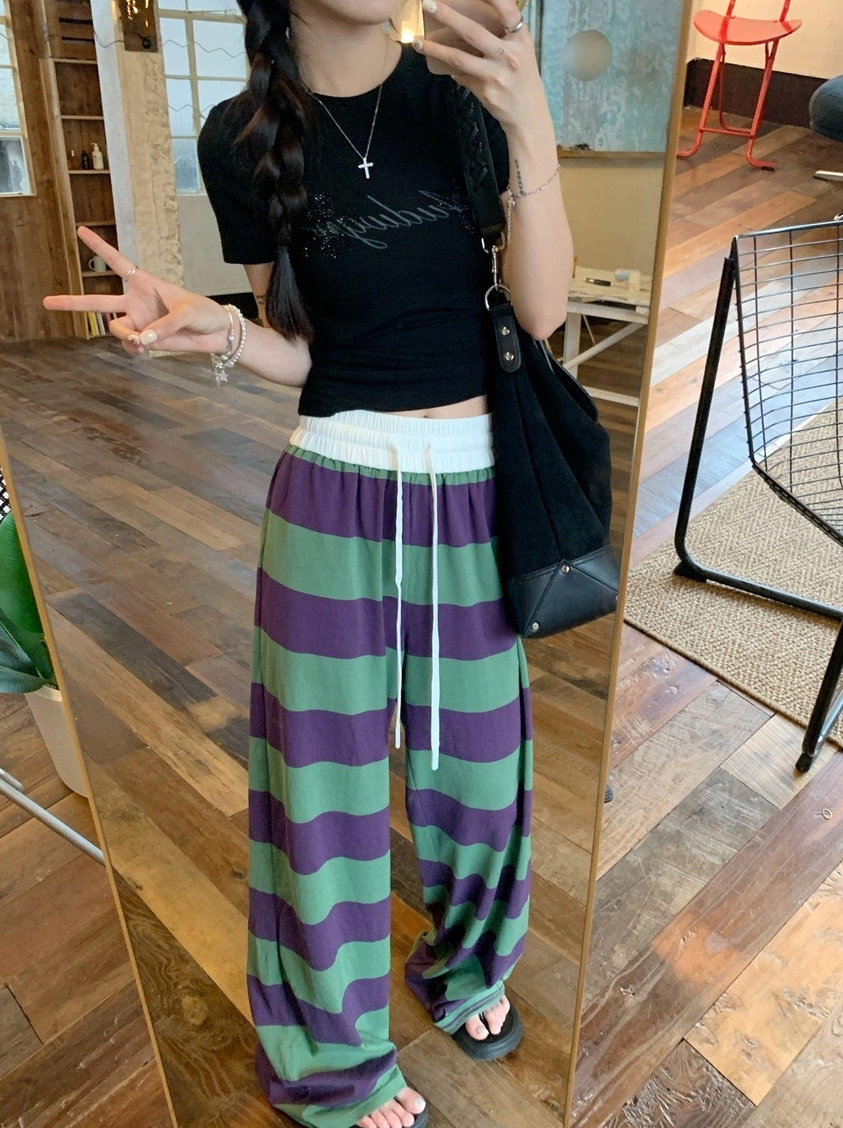 Green And Lilac Striped Pants | Rose - BlackPink - Fashion