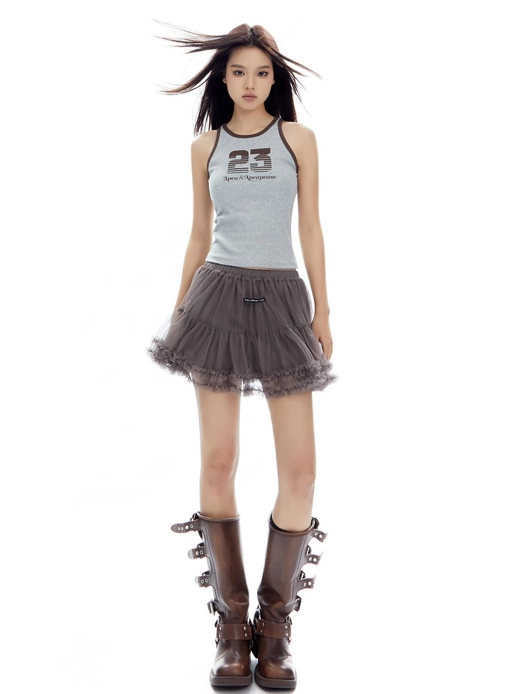 Grey Ruffled Hem Mesh Mini Skirt | Jihyo - Twice - Fashion