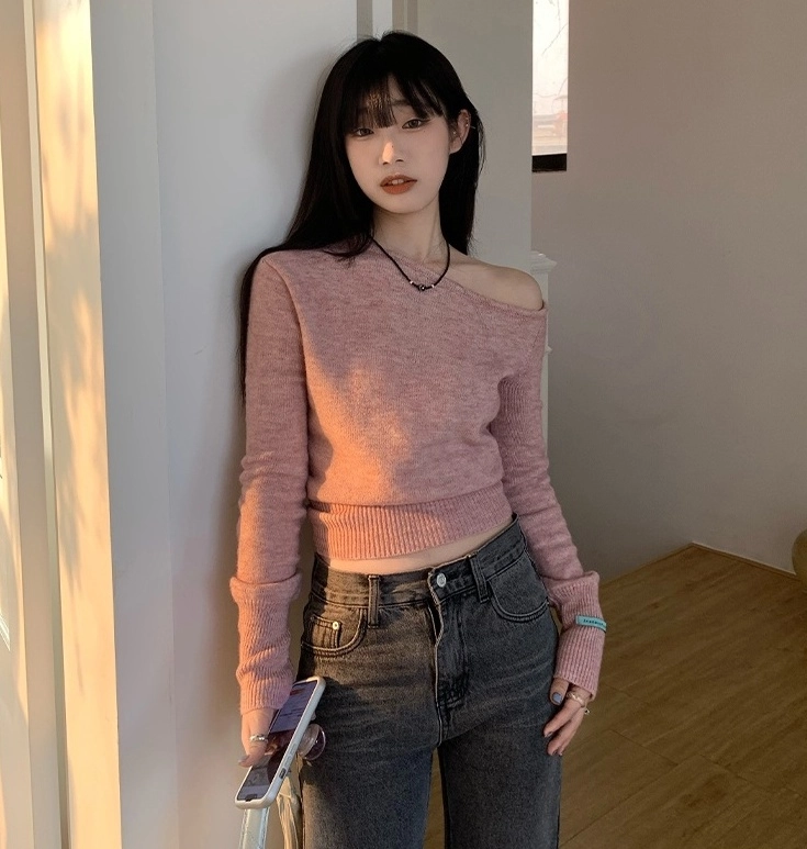 Pink One Off Shoulder Knit Sweater | Tzuyu - Twice - Fashion