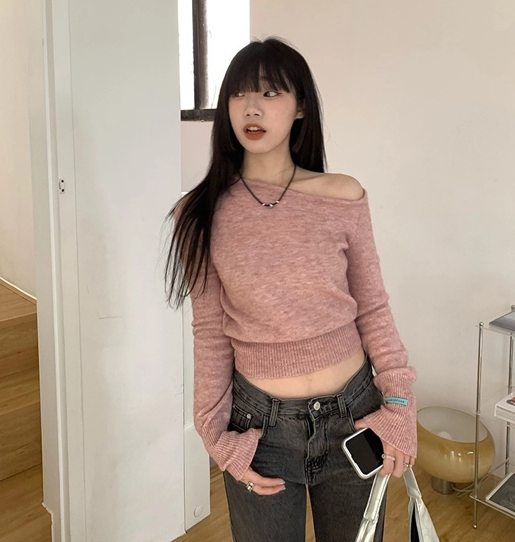 Pink One Off Shoulder Knit Sweater | Tzuyu - Twice - Fashion