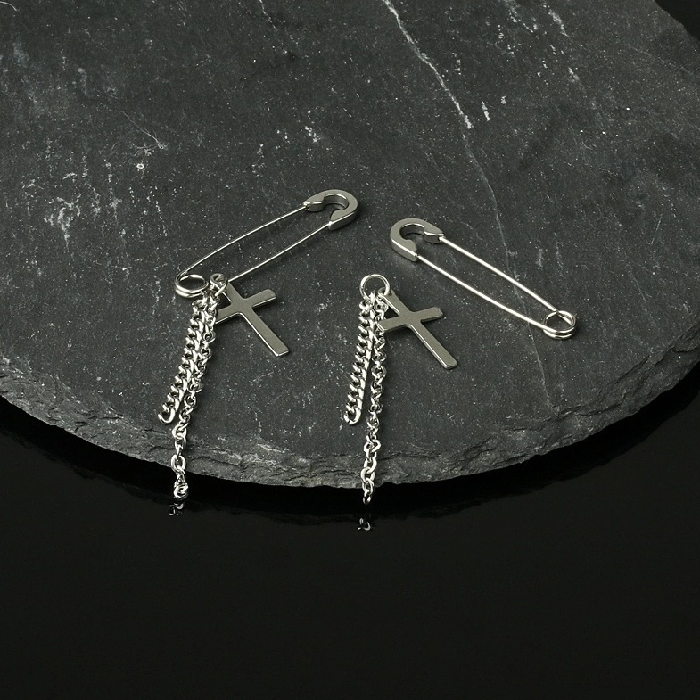 Silver Safety Pin And Cross Chain Earring | LeeKnow - Stray Kids