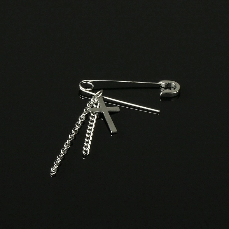 Silver Safety Pin And Cross Chain Earring | LeeKnow - Stray