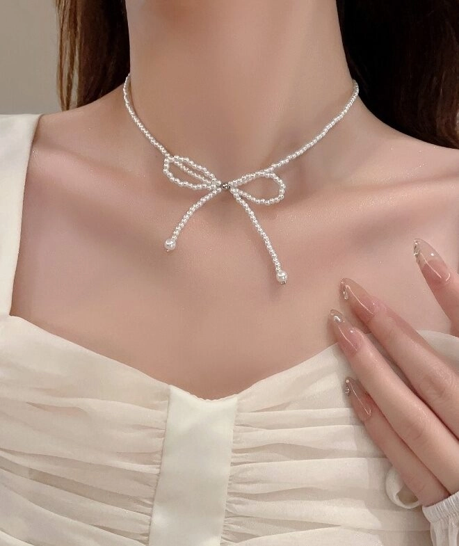 [HAESOOL] 925Silver☆Pearl Chain Ribbon Necklace White Pearl Chain Bow Necklace | Jihyo - Twice - Fashion Chingu