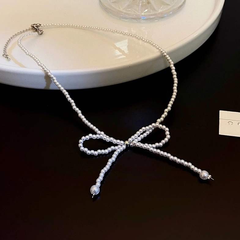 White Pearl Chain Bow Necklace | Jihyo - Twice - Fashion Chingu
