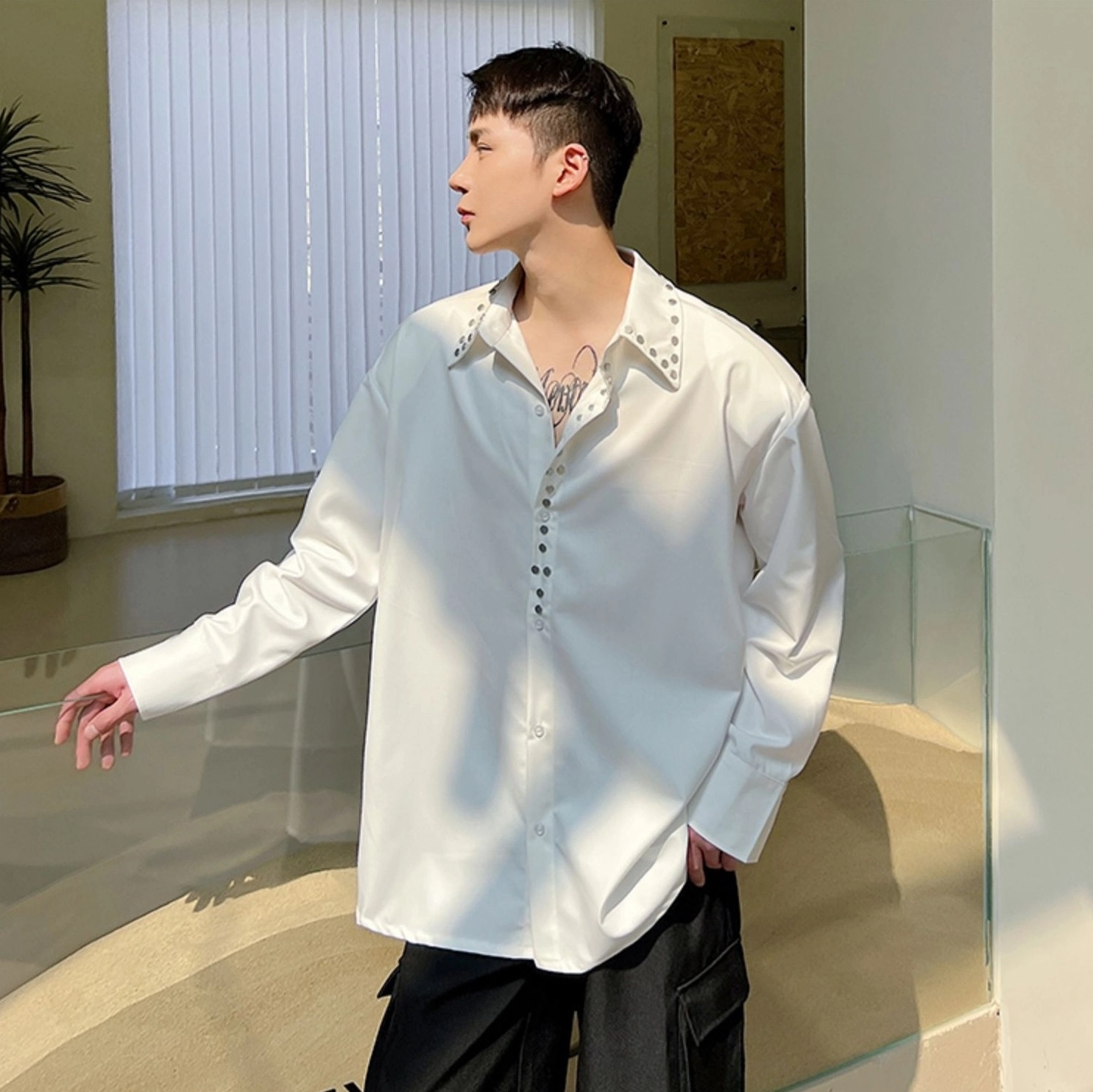 White Riveted Collar Shirt | Felix - Stray Kids - Fashion Chingu