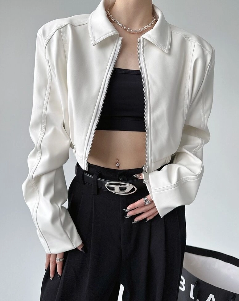 【WONDER WONDER】Kuka D-ring strap pocket crop zip-up jacket White Zip Up Cropped Jacket | SuA - Dreamcatcher - Fashion