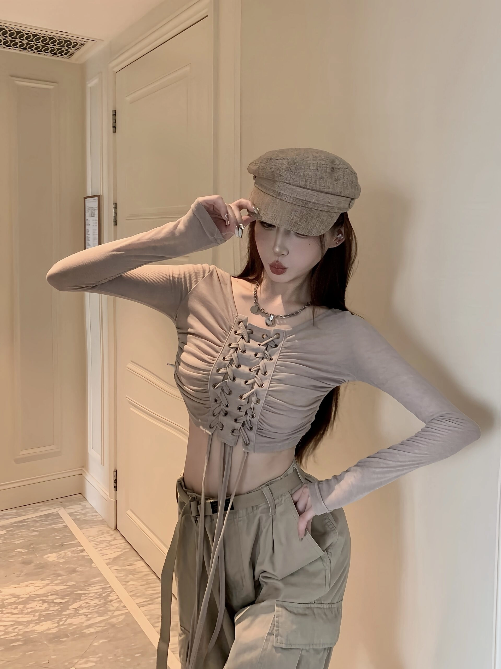 トップス heangnae KISHIMEN TOPS / Beige Akklian Women's Hoodie Sweatshirt Dress Knee Length Long