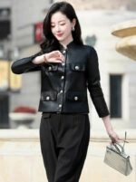 Black Big Buttoned Leather Jacket | Ningning - Aespa