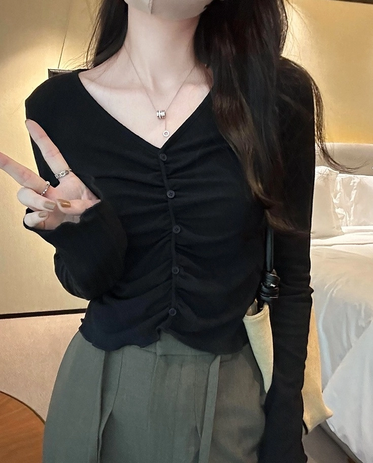 Black Ruched Button Down Top | Karina - Aespa - Fashion Chingu