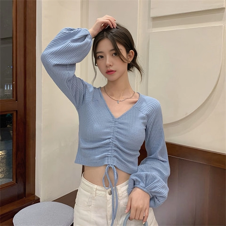 Blue Drawstring Ribbed Top | Momo - Twice - Fashion Chingu