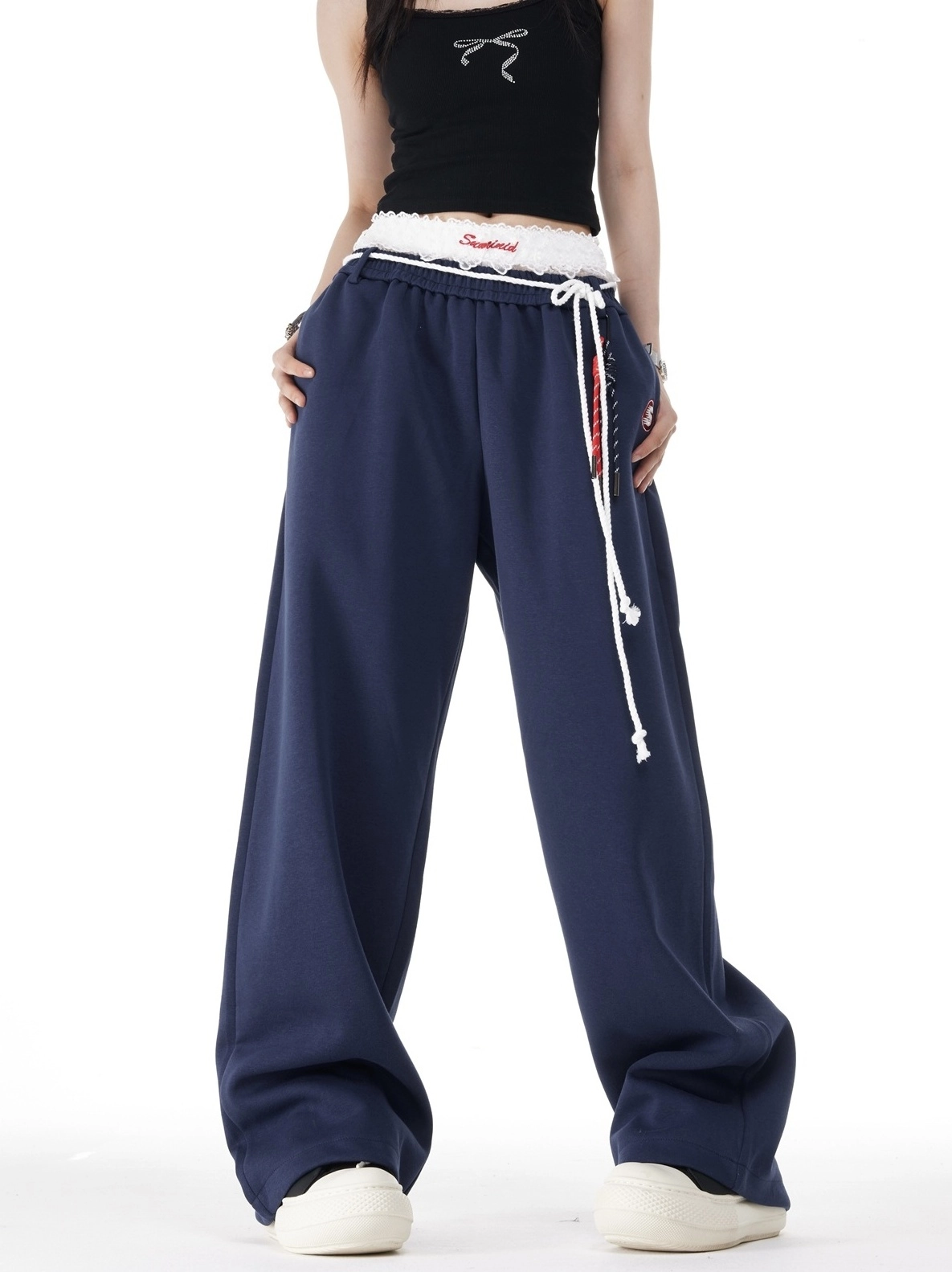 Blue Layered Style Laced Sweatpants | Jennie - BlackPink
