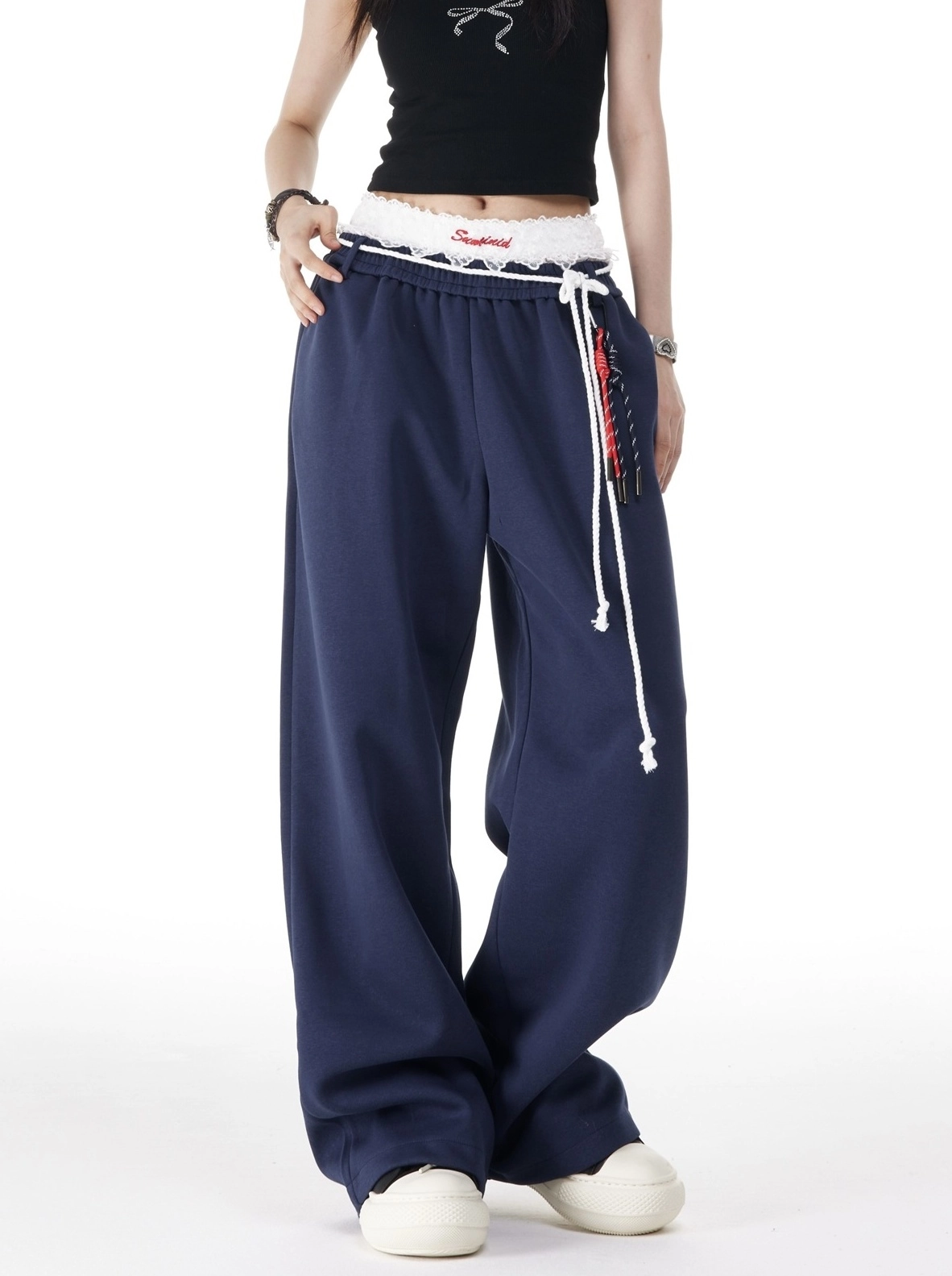 ★BLACKPINK ジェニー着用★FROMARLES Eternal Youth Sweatpants Blue Layered Style Laced Sweatpants | Jennie - BlackPink