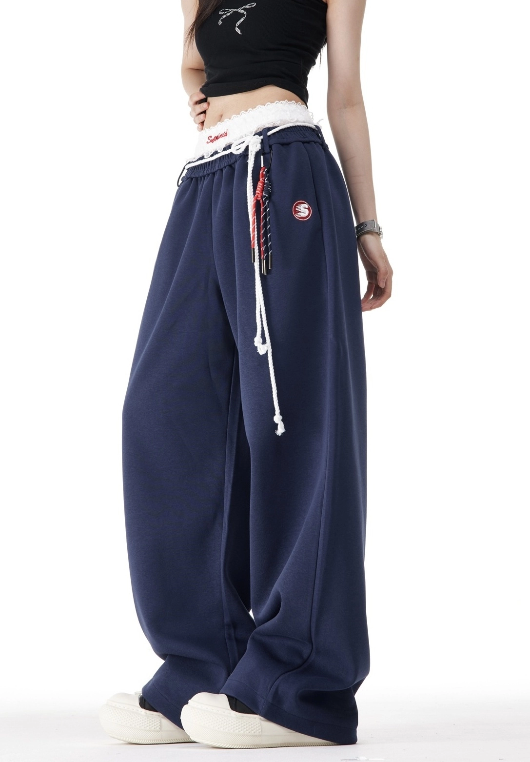 Blue Layered Style Laced Sweatpants | Jennie - BlackPink