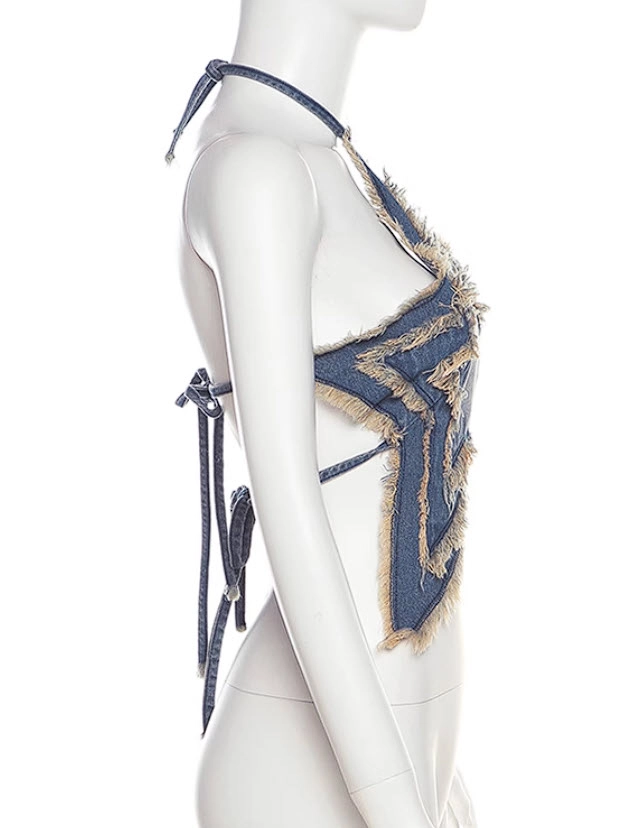 Blue Layered Tasselled Stars Denim Top | Ningning - Aespa