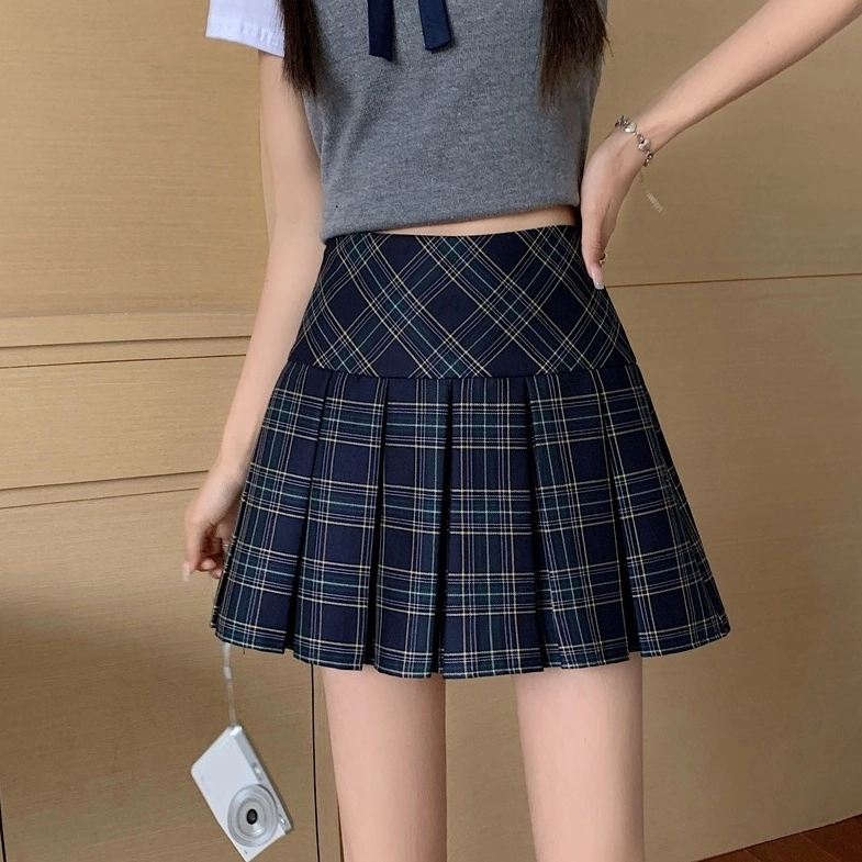 【EEUN】Check A pleats skirt Blue Plaid A-Line Pleated Skirt | Eunchae - Le Sserafim