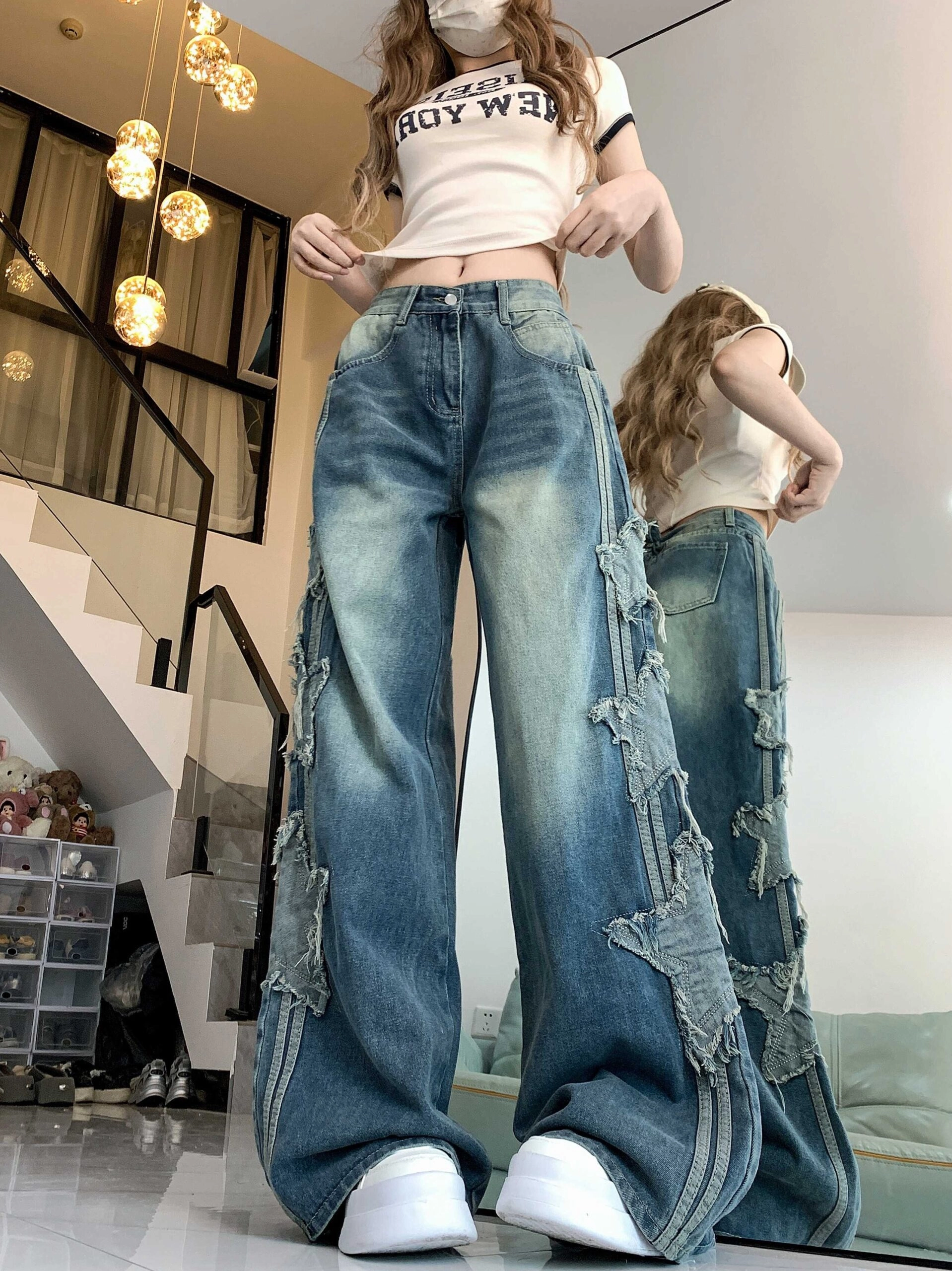 Blue Star Patch Striped Jeans Dahyun Twice Fashion Chingu