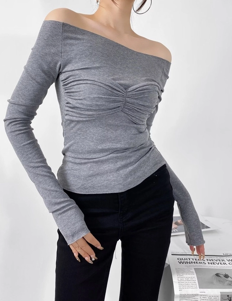 Grey Ruched Bust Off-Shoulder Top | Lisa - BlackPink