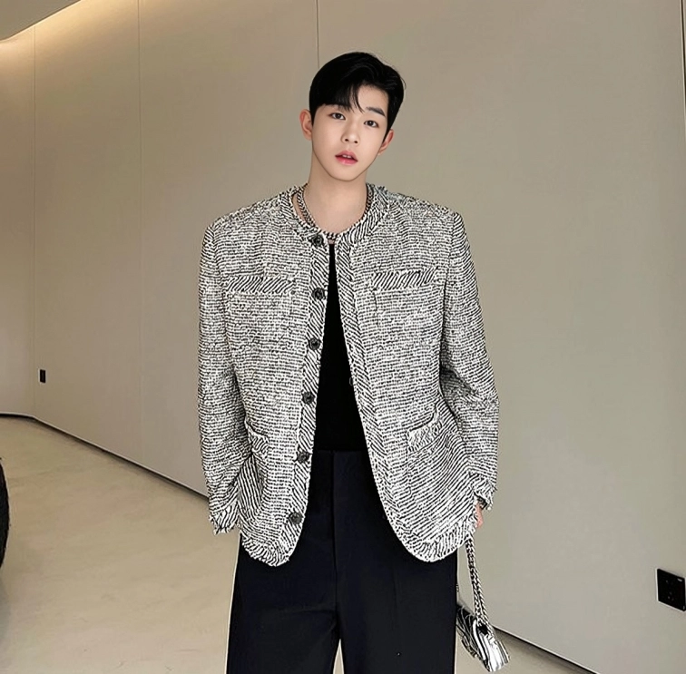 Grey Tweed Button-Up Jacket | Bang Chan - Stray Kids