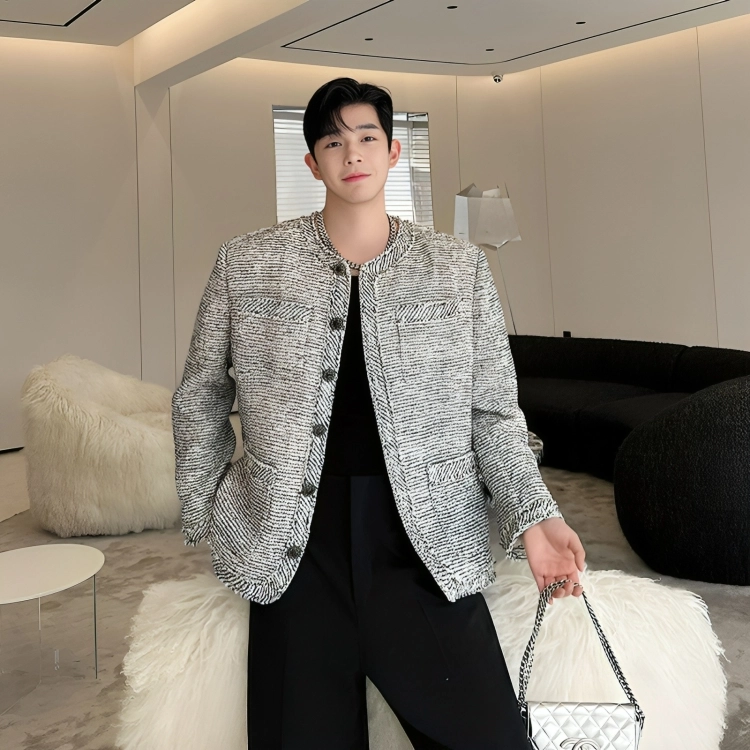 Grey Tweed Button-Up Jacket | Bang Chan - Stray Kids - Fashion Chingu