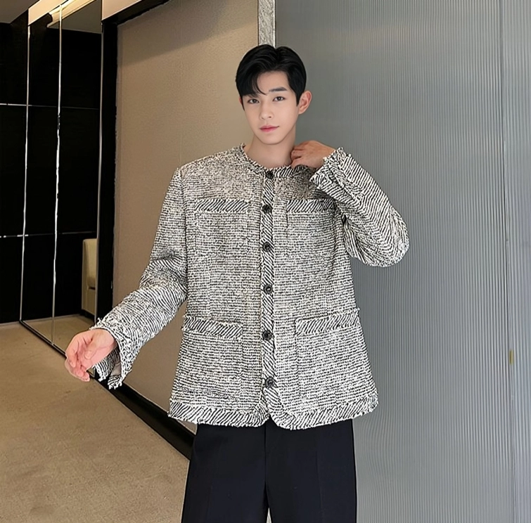 Grey Tweed Button-Up Jacket | Bang Chan - Stray Kids