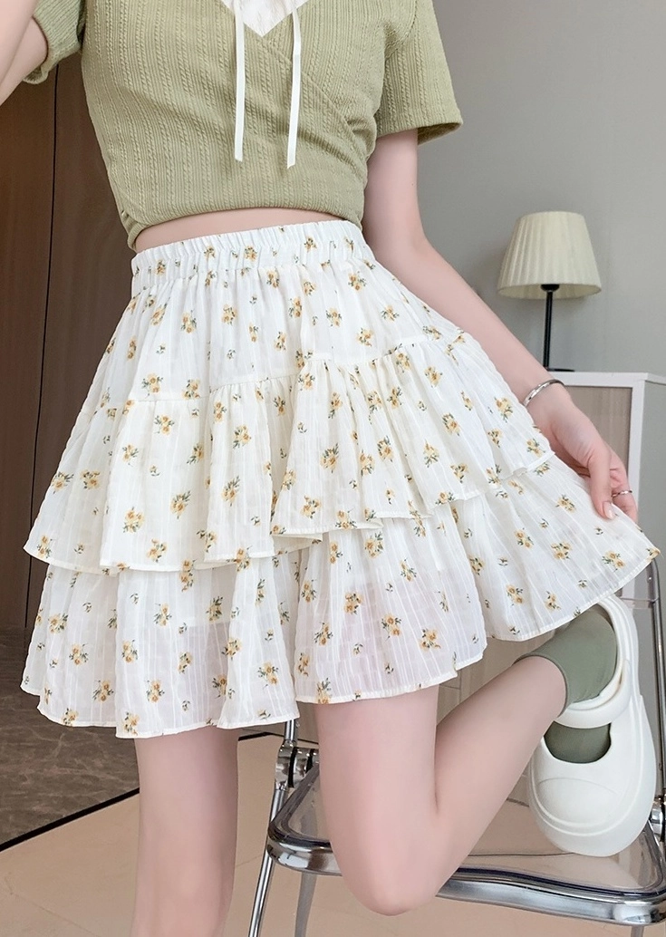 ★YOUHEE★ FLOWER PATTERN LAYERD SKIRT PANTS WHITE YHPTEC004 White Floral Layered Skirt | Tzuyu - Twice - Fashion Chingu