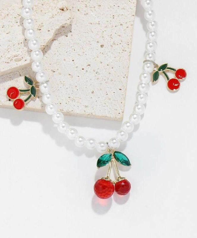 White Pearl Chain Cherry Necklace | Rei - IVE - Fashion Chingu
