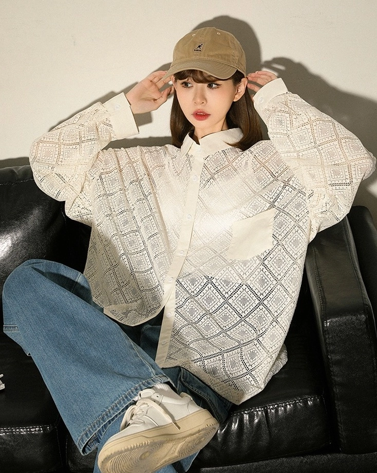 Beige Classic Pattern Sheer Shirt | Hyungwon - MONSTA X