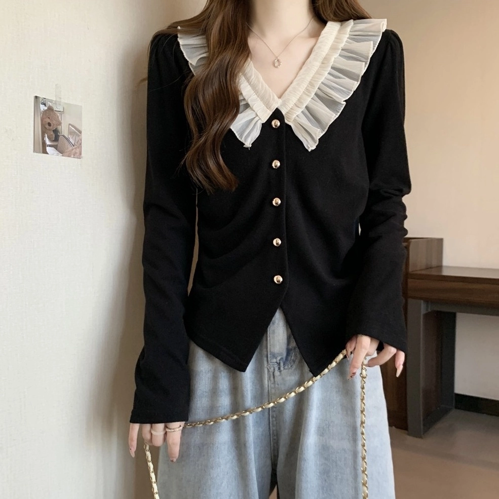 ヴィンテージ古着 bijou collar cardigan Black Lace Collar Buttons Cardigan | Wonyoung - IVE