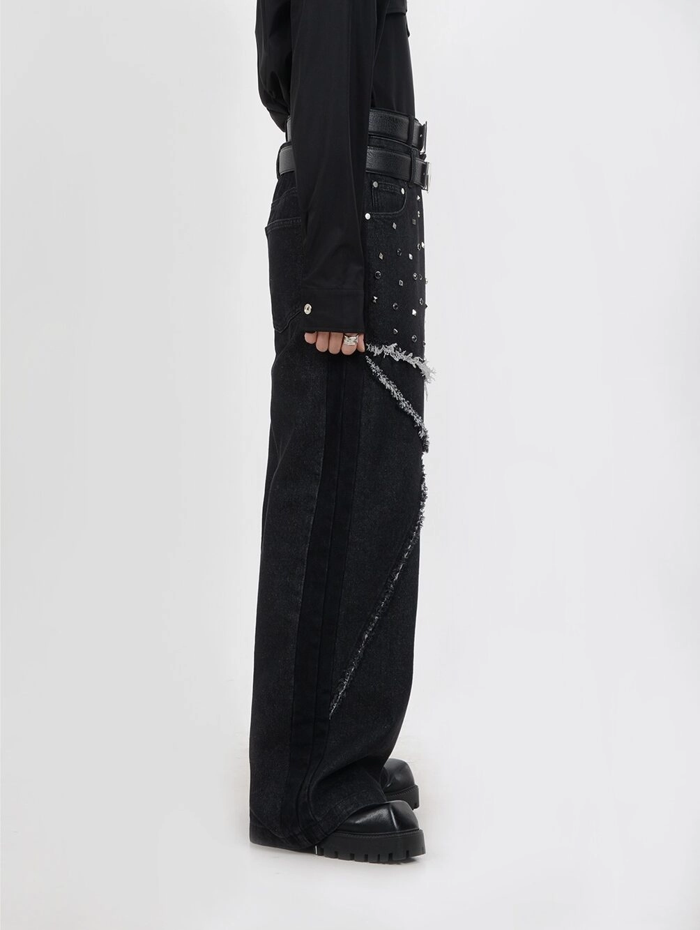 Black Studded Layered Illusion Jeans | Hyunjin - Stray Kids