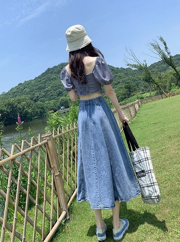 Blue Splicing Midi Denim Skirt | Winter - Aespa - Fashion Chingu