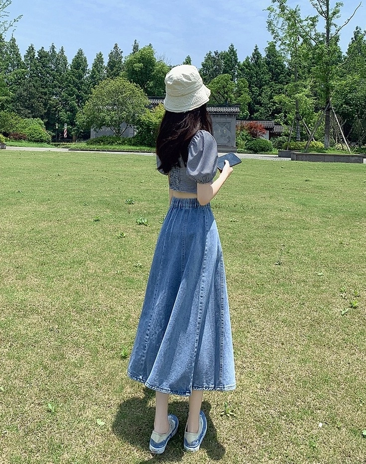 Blue Splicing Midi Denim Skirt | Winter - Aespa - Fashion Chingu