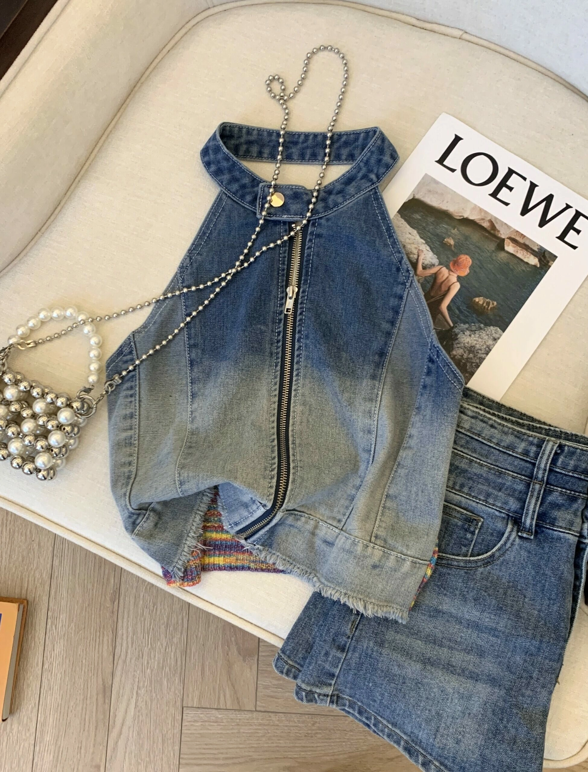 Blue Zipper Denim Halter Top | Gaeul - IVE - Fashion Chingu
