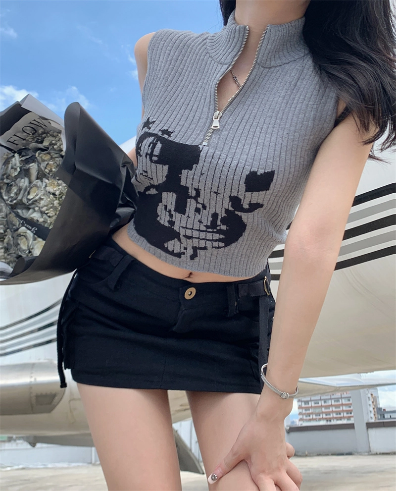 hina Grey Half-Zip Graphic Knit Top | Hinata - XG - Fashion Chingu