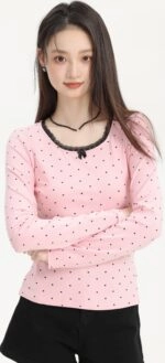 【BAON】Pyudi Frill Dot Collar Long Sleeve Tee Pink Lace Trim Polka Dot Long Sleeve Tee - Fashion Chingu