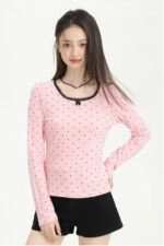 Pink Lace Trim Polka Dot Long Sleeve Tee - Fashion Chingu