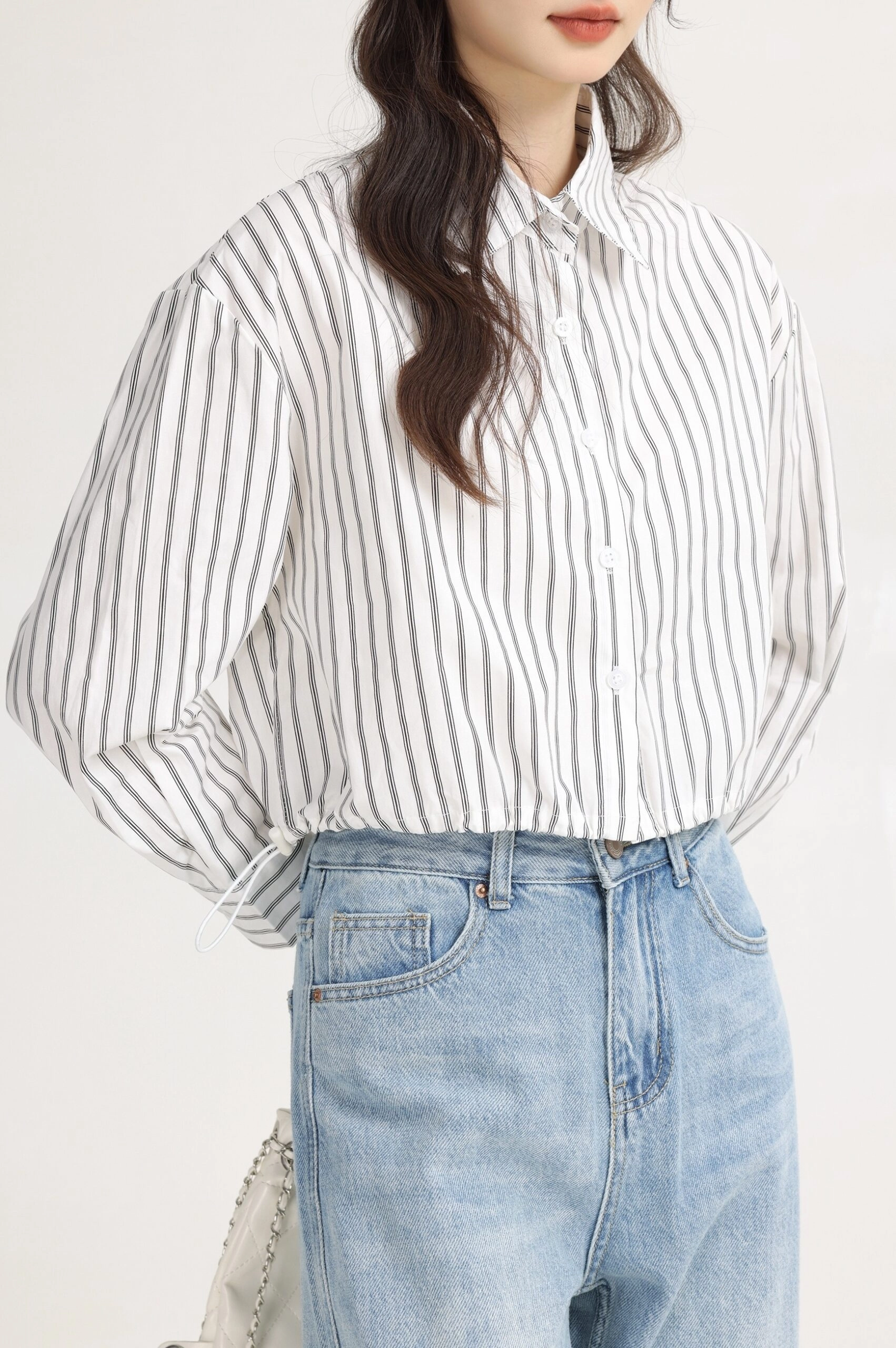 White Vertical Striped Collared Long Sleeve Shirt - Fashion
