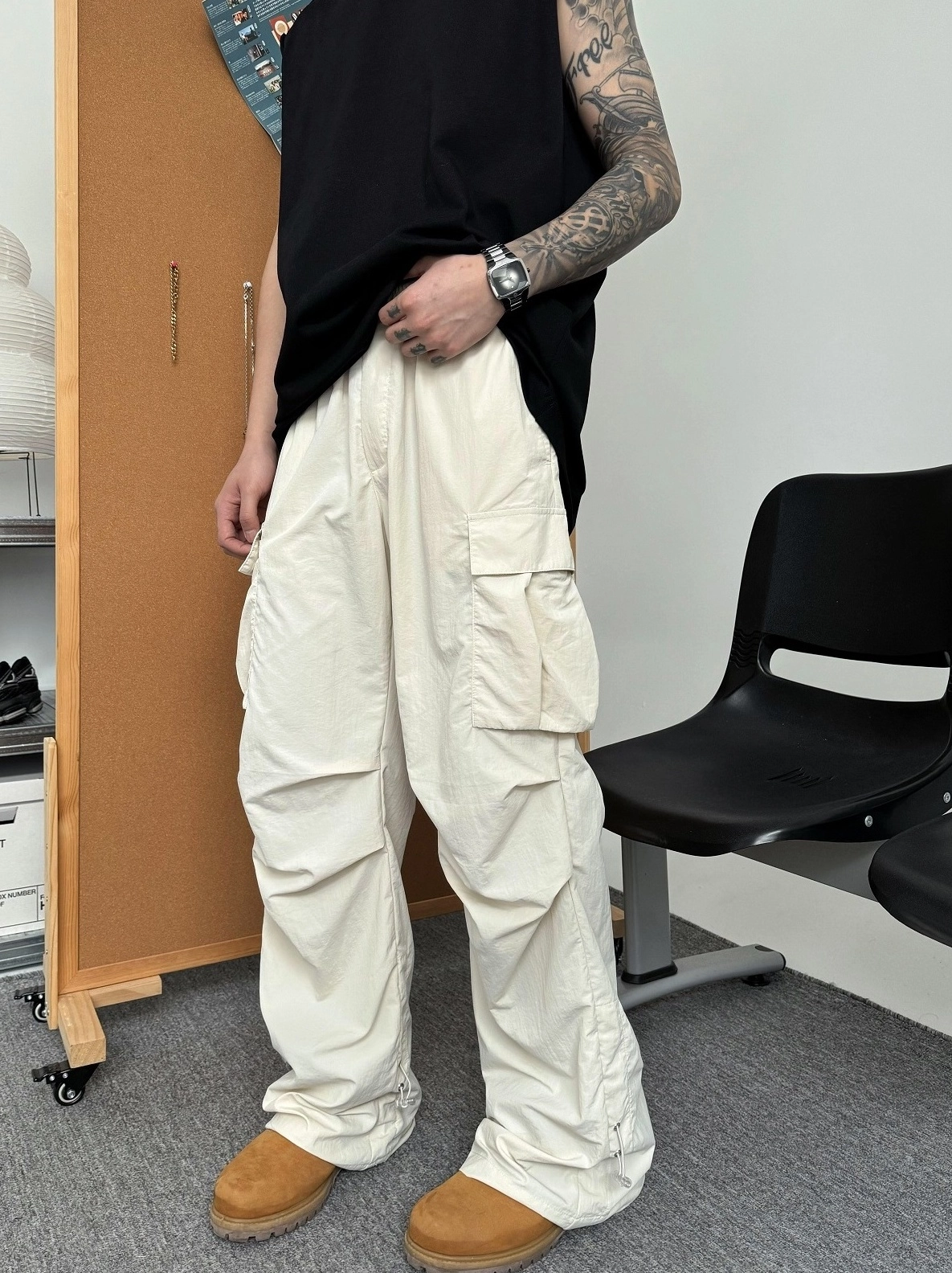 【YOURNUS】Yuki Dirty White Cargo Pants Cargo Pocket Pull On Wide With Drawstring